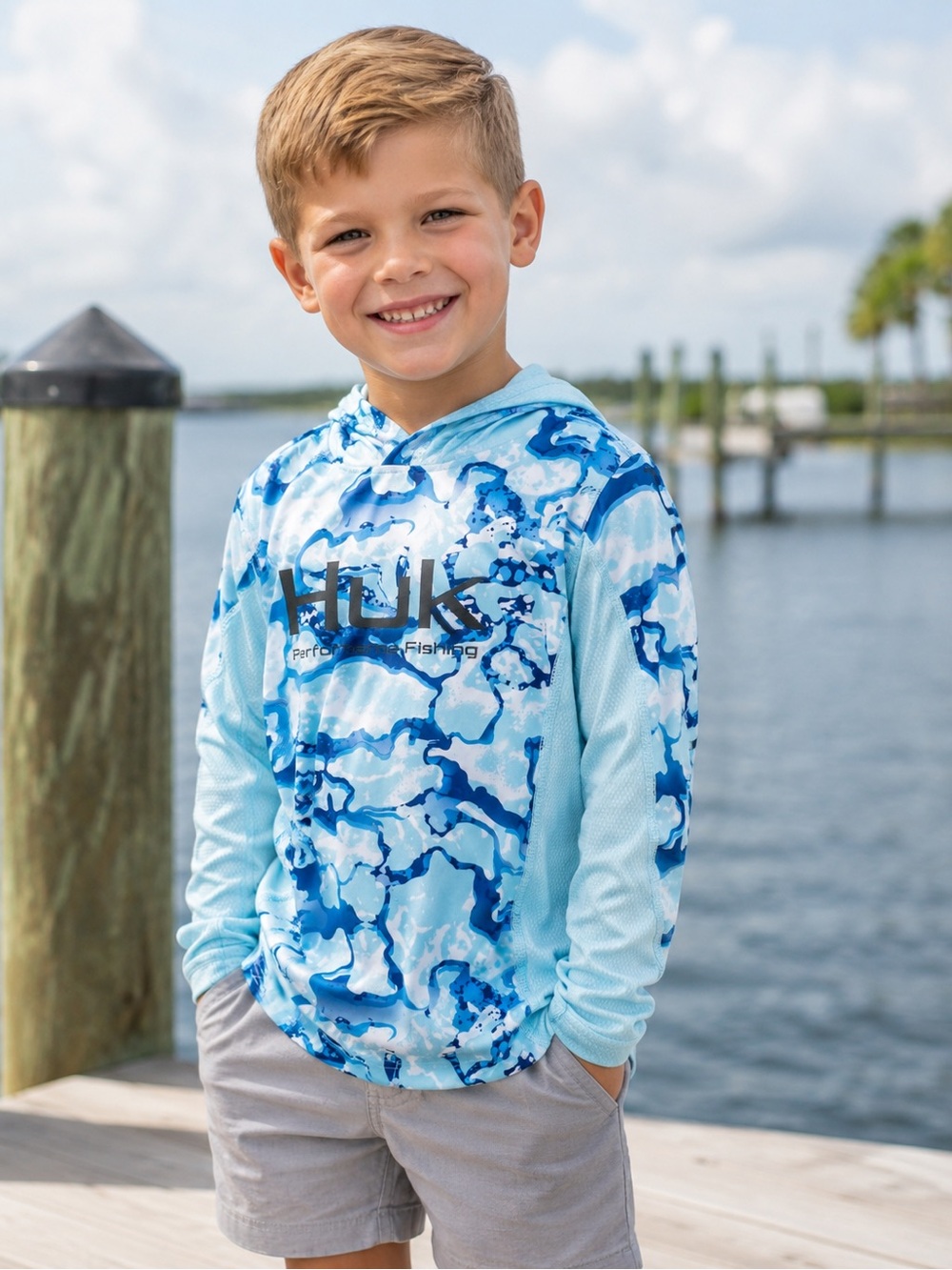 Huk Boys Light Blue & Navy Camo Hooded Swim Shirt